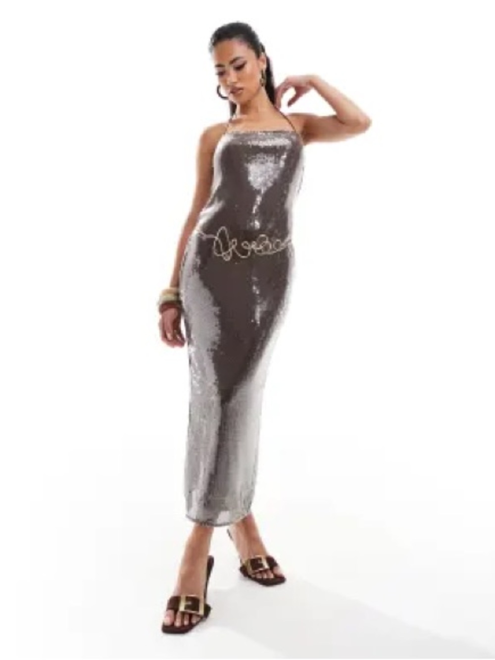 ASOS Design brown sheer sequin square neck midi dress with cross strap detail